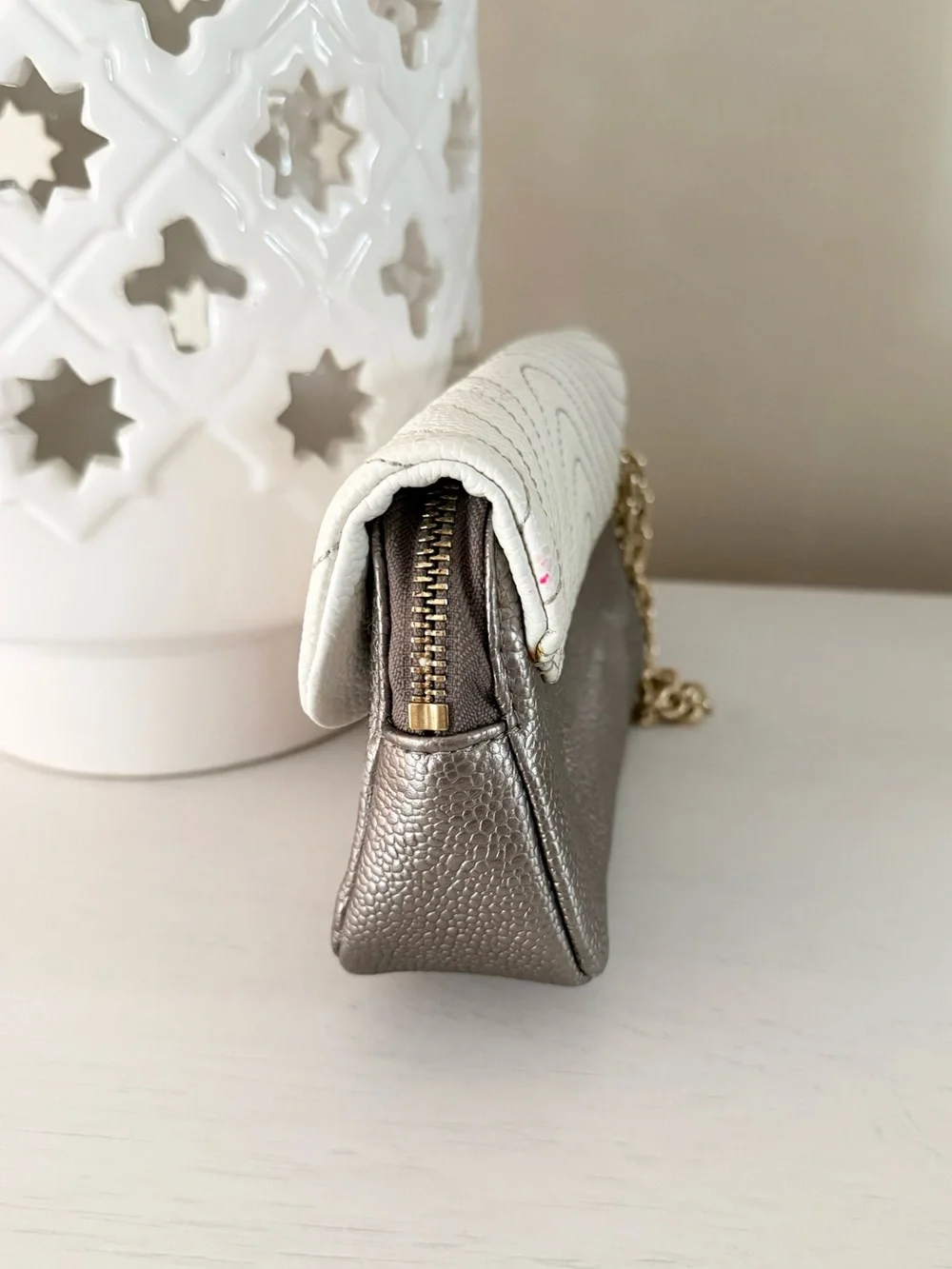 Henri Bendel Pebbled Leather Flap Clutch with Wristlet Chain